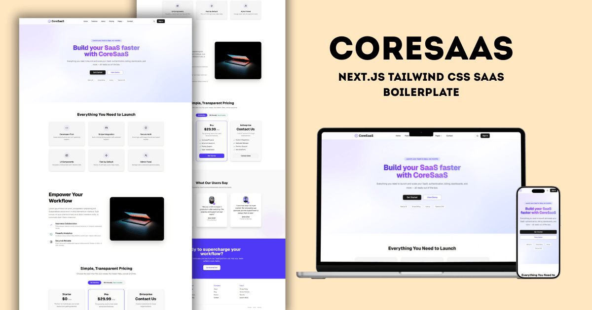 CoreSaaS – Next.js Tailwind CSS SaaS Boilerplate main preview